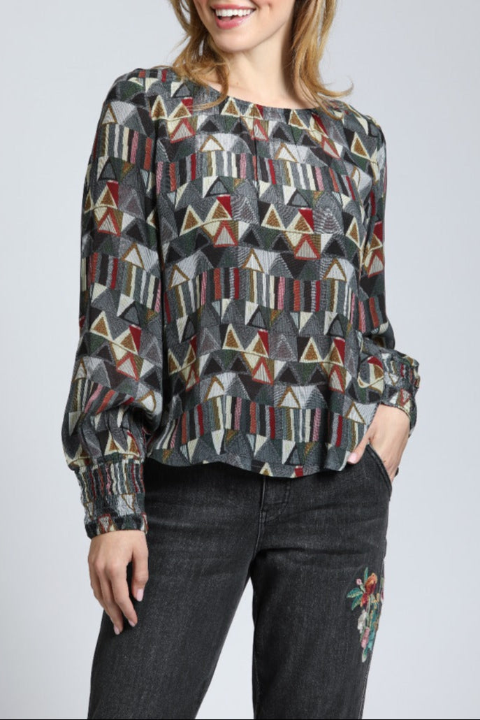 Geometric Triangle Print - Smocked Cuff Pullover | front side