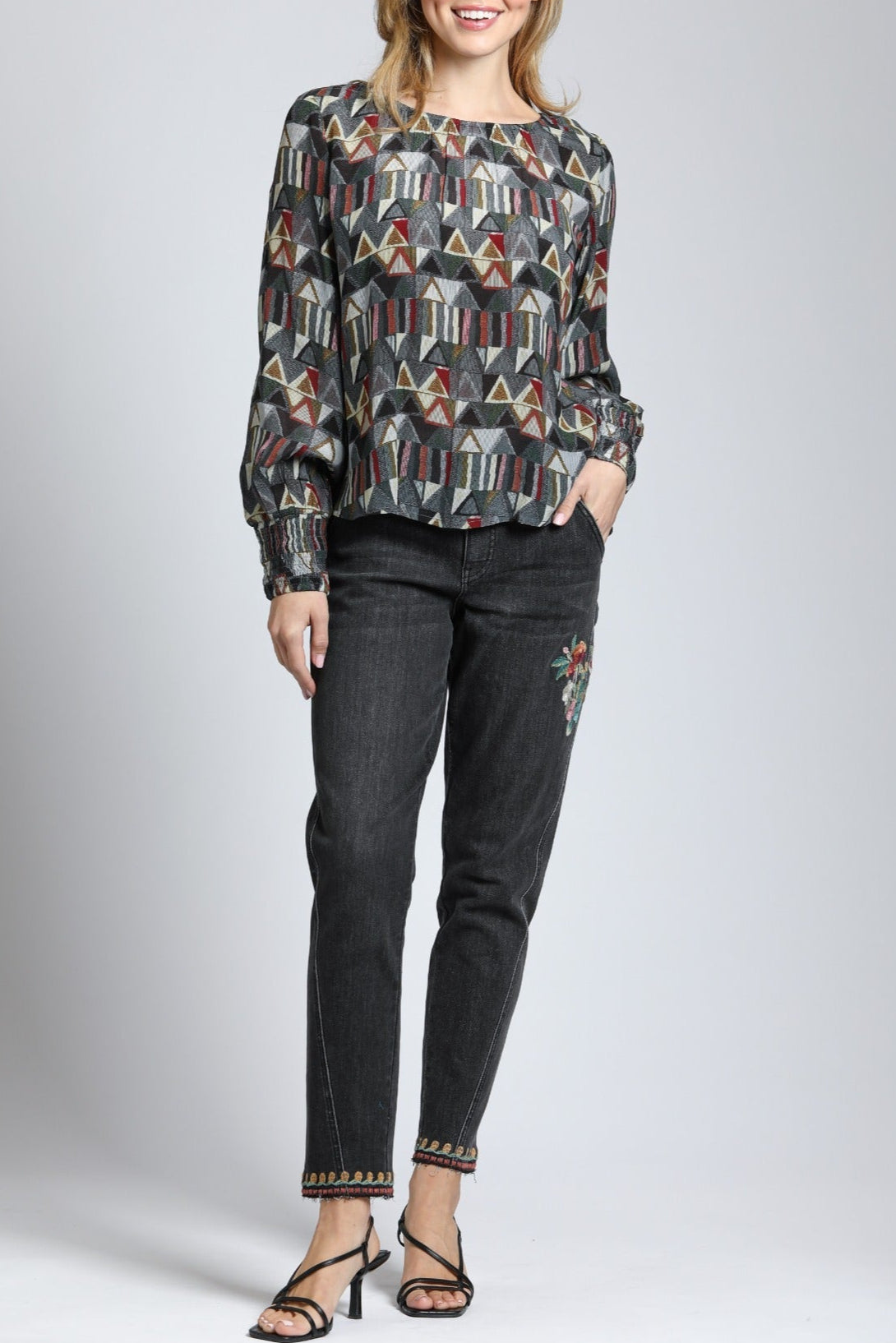 Geometric Triangle Print - Smocked Cuff Pullover