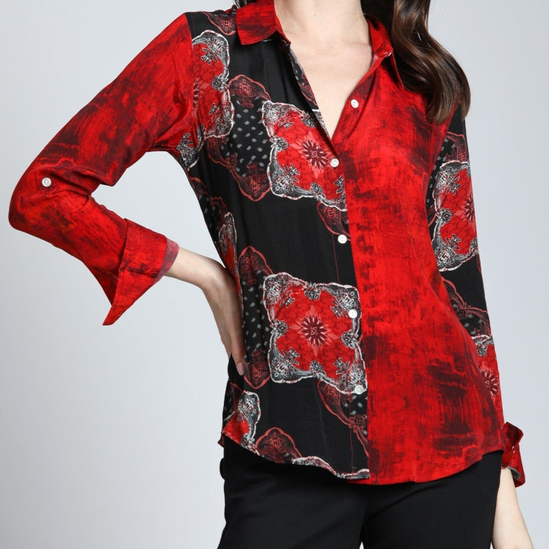 Red & Sable Watercolor Mix - Button Up Top | Front side