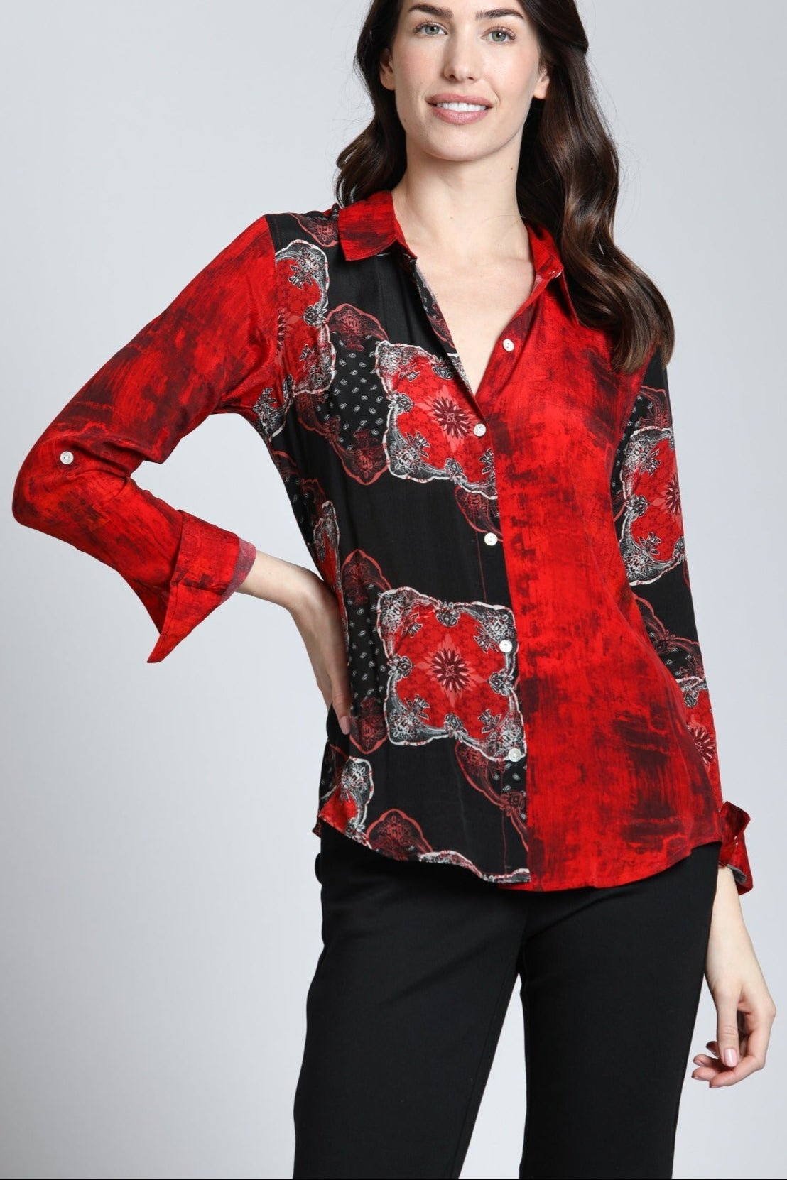 Red & Sable Watercolor Mix - Button Up Top | Front side