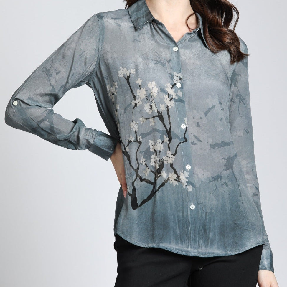 Graphite Plum Blossom Print - Button Up With Roll Up Sleeve | front side