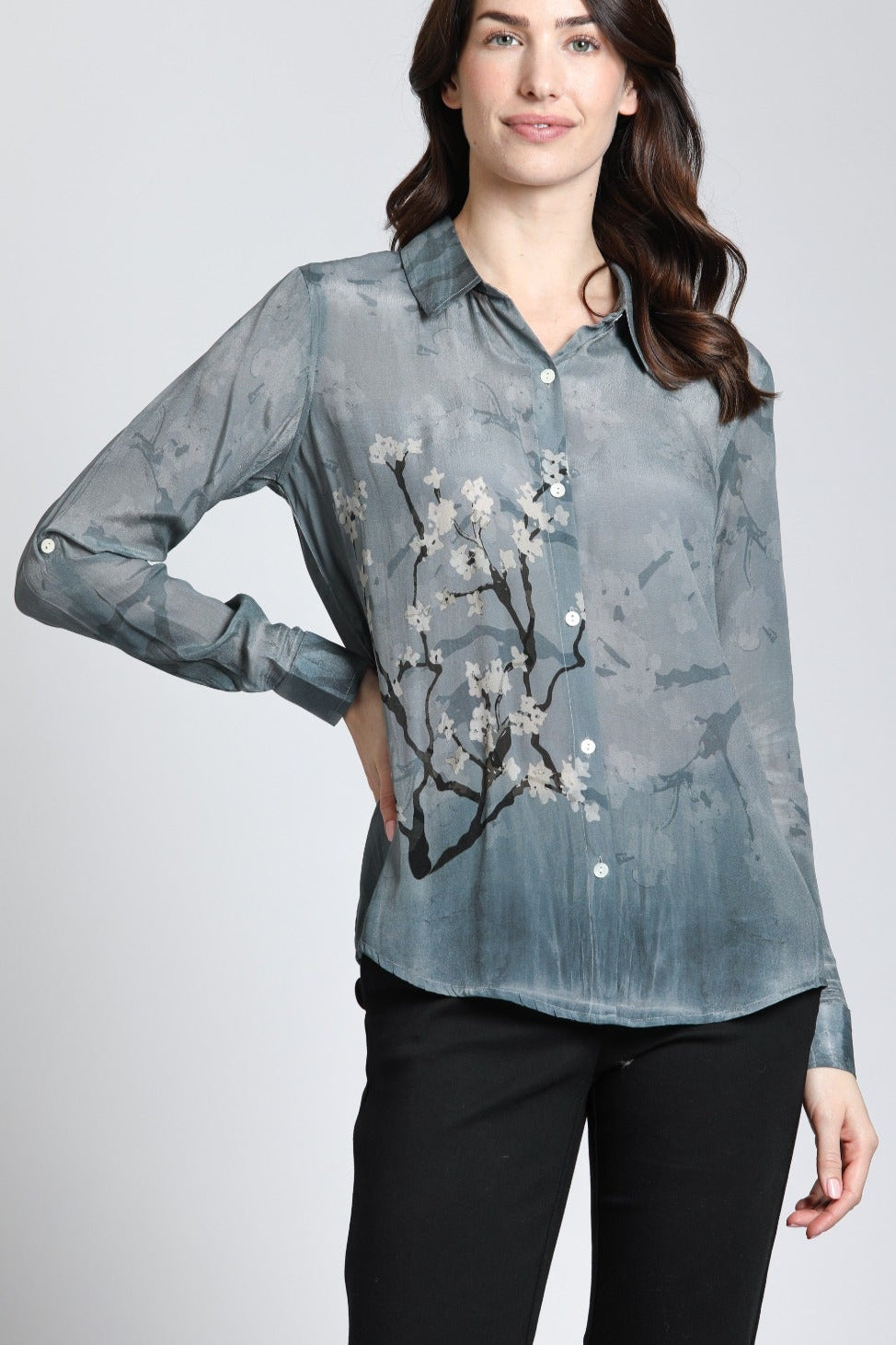 Graphite Plum Blossom Print - Button Up With Roll Up Sleeve | front side