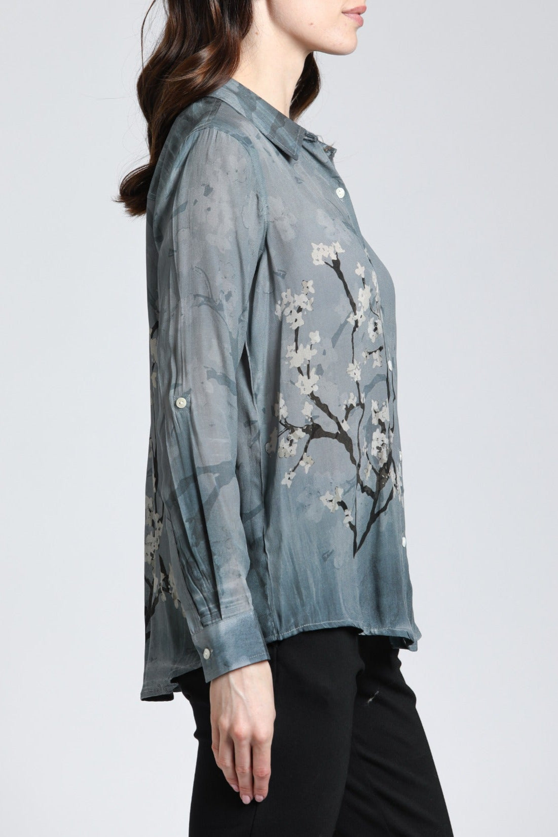 Graphite Plum Blossom Print - Button Up With Roll Up Sleeve | right side