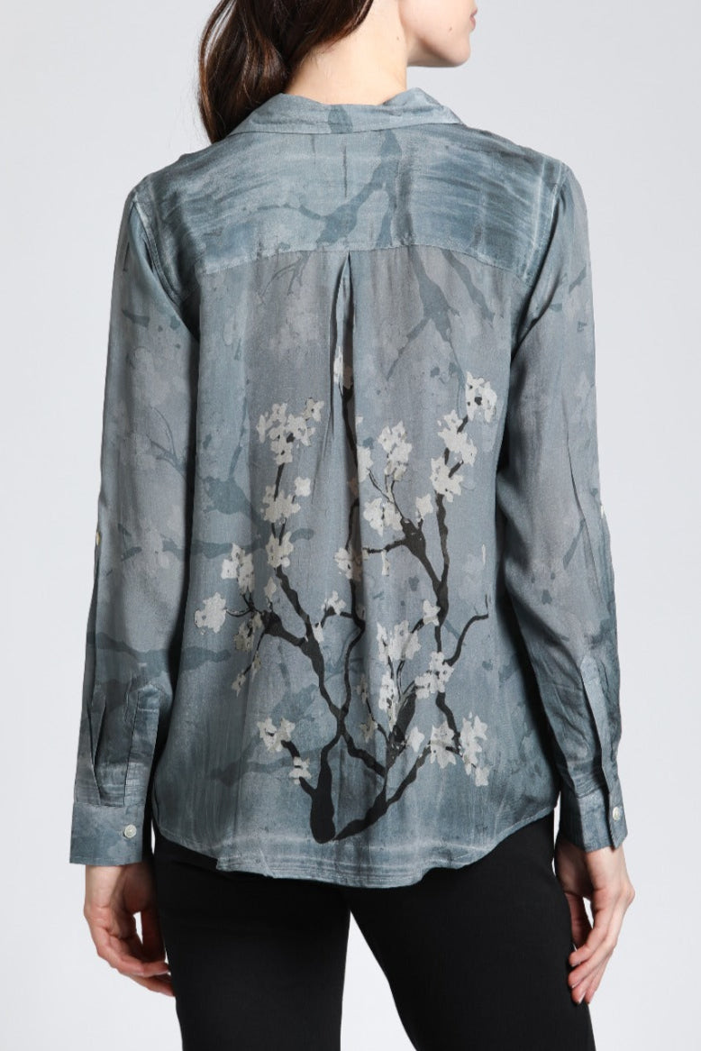 Graphite Plum Blossom Print - Button Up With Roll Up Sleeve |back side
