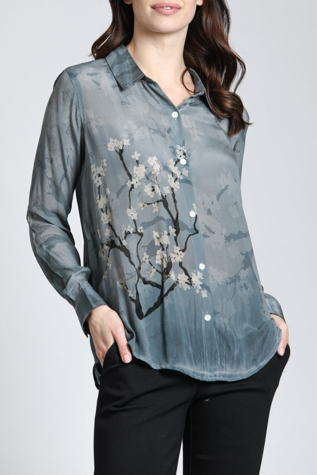 Graphite Plum Blossom Print - Button Up With Roll Up Sleeve | front side