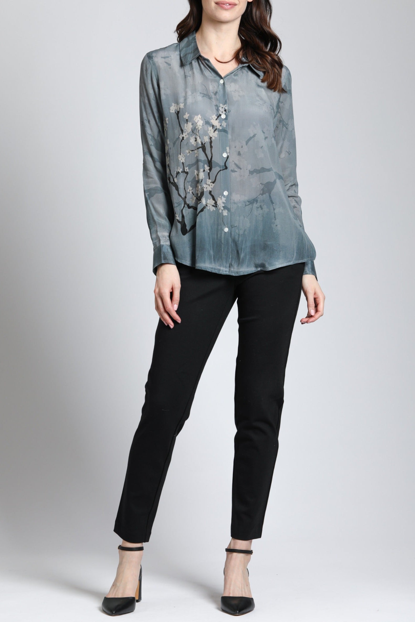 Graphite Plum Blossom Print - Button Up With Roll Up Sleeve