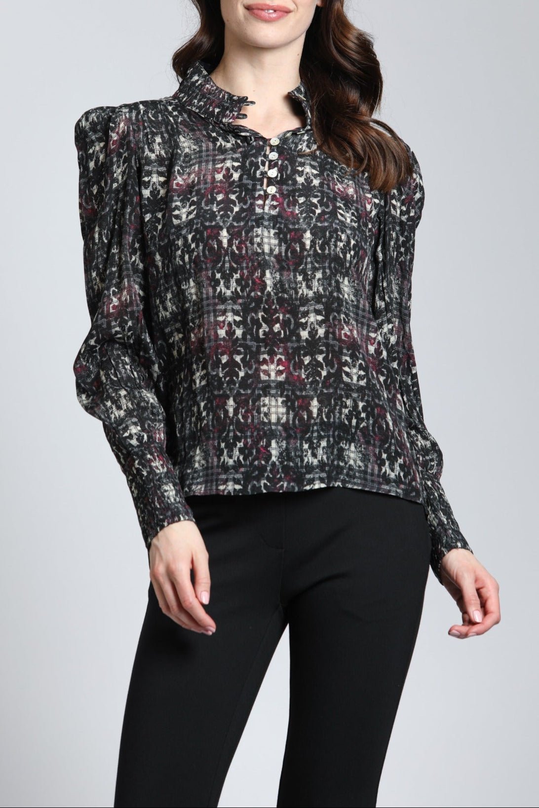 Oriental Plaid Print - Puff Sleeve Blouse With Ruched Detail | front side