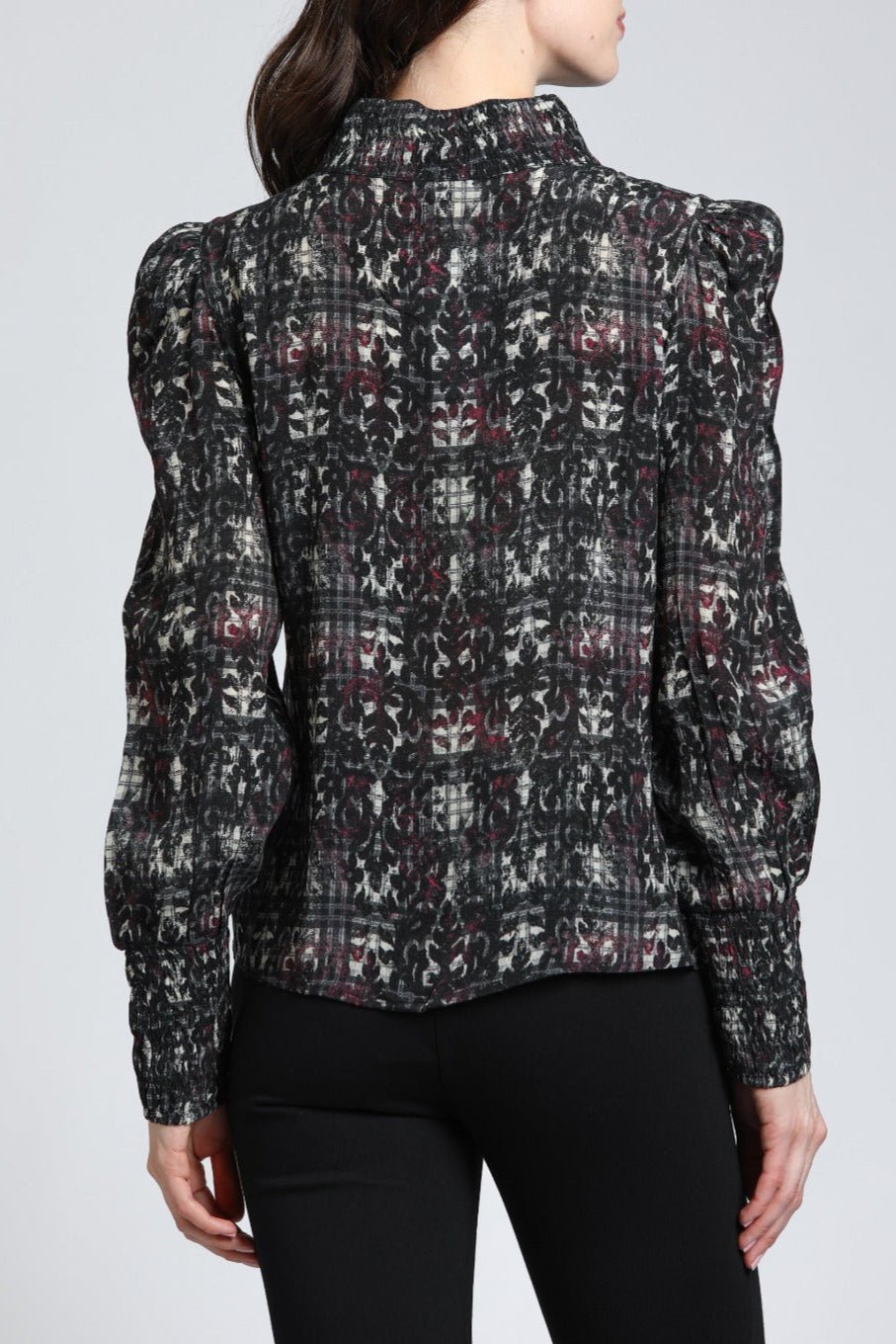 Oriental Plaid Print - Puff Sleeve Blouse With Ruched Detail | bac side