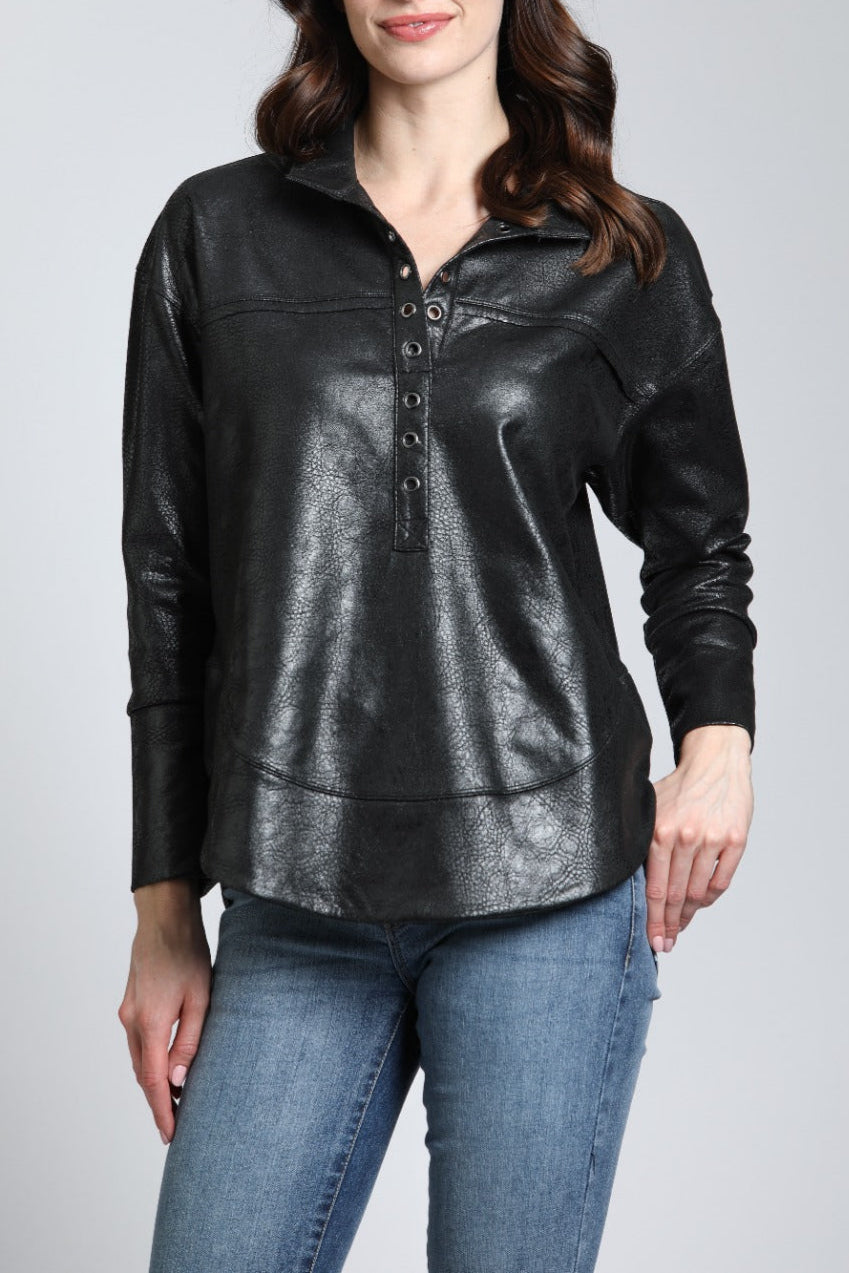 Vegan Leather Henley With Grommet Details | Front side