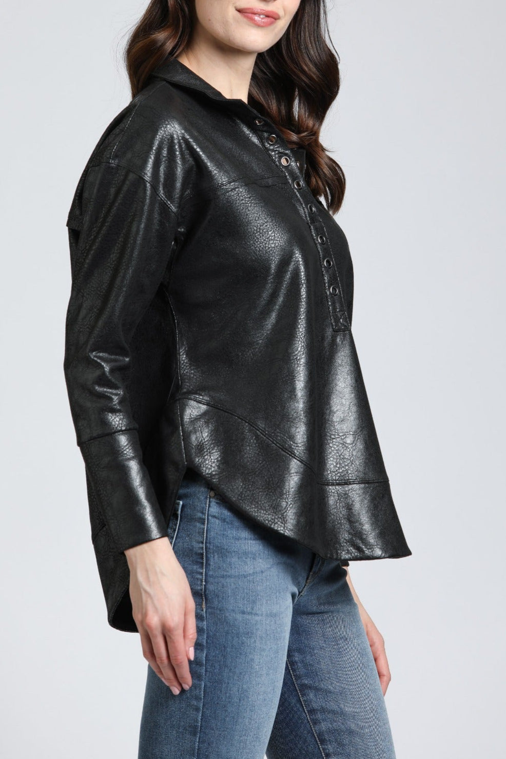 Vegan Leather Henley With Grommet Details | right side