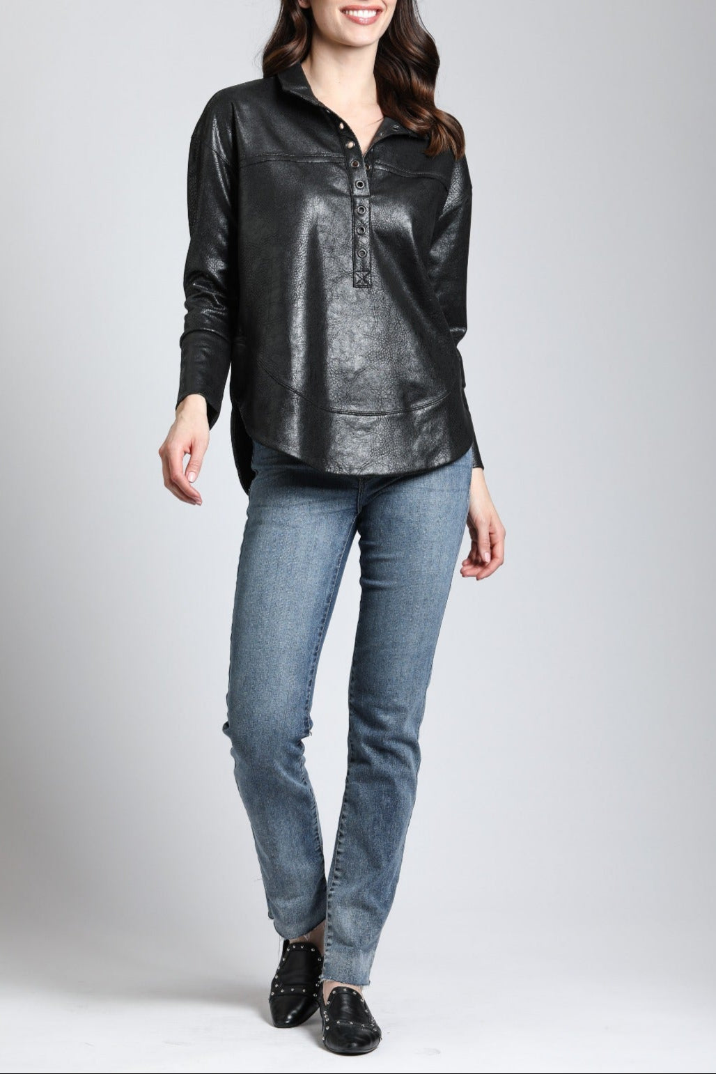 Vegan Leather Henley With Grommet Details | front side