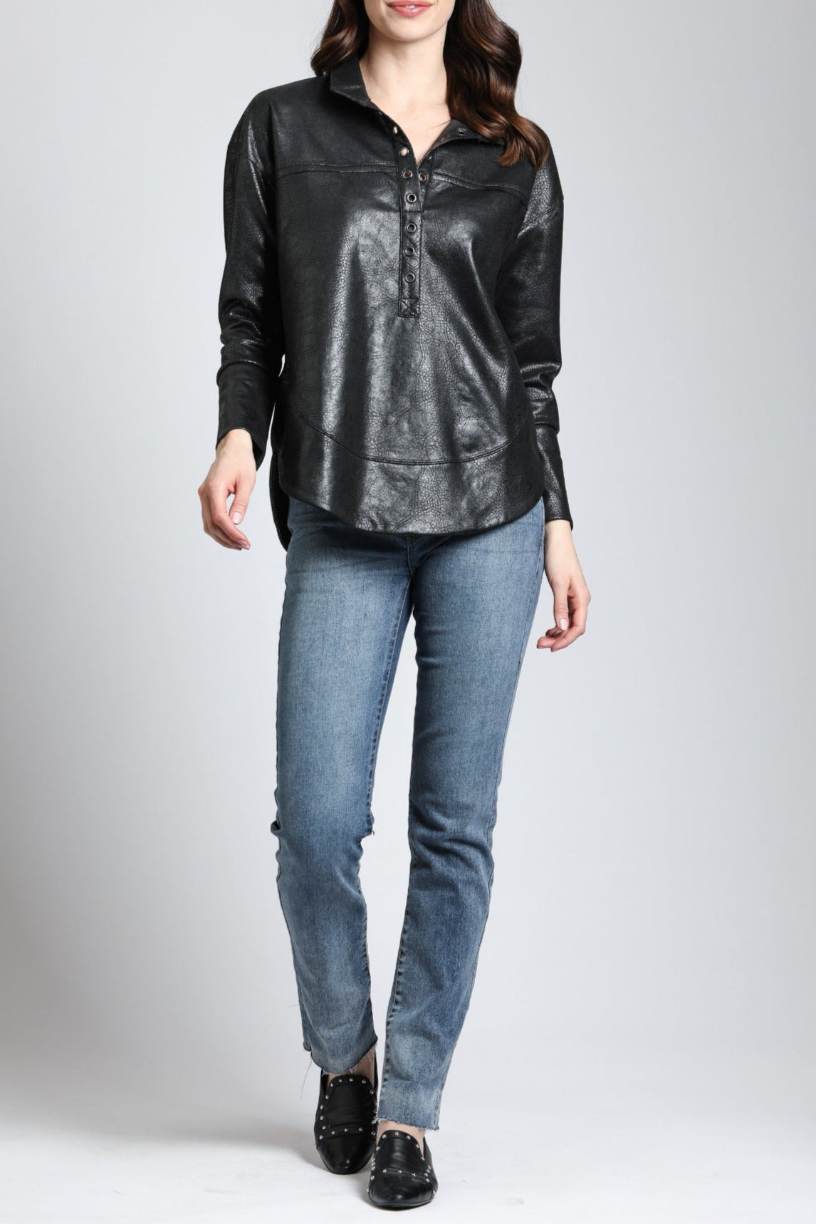 Vegan Leather Henley With Grommet Details