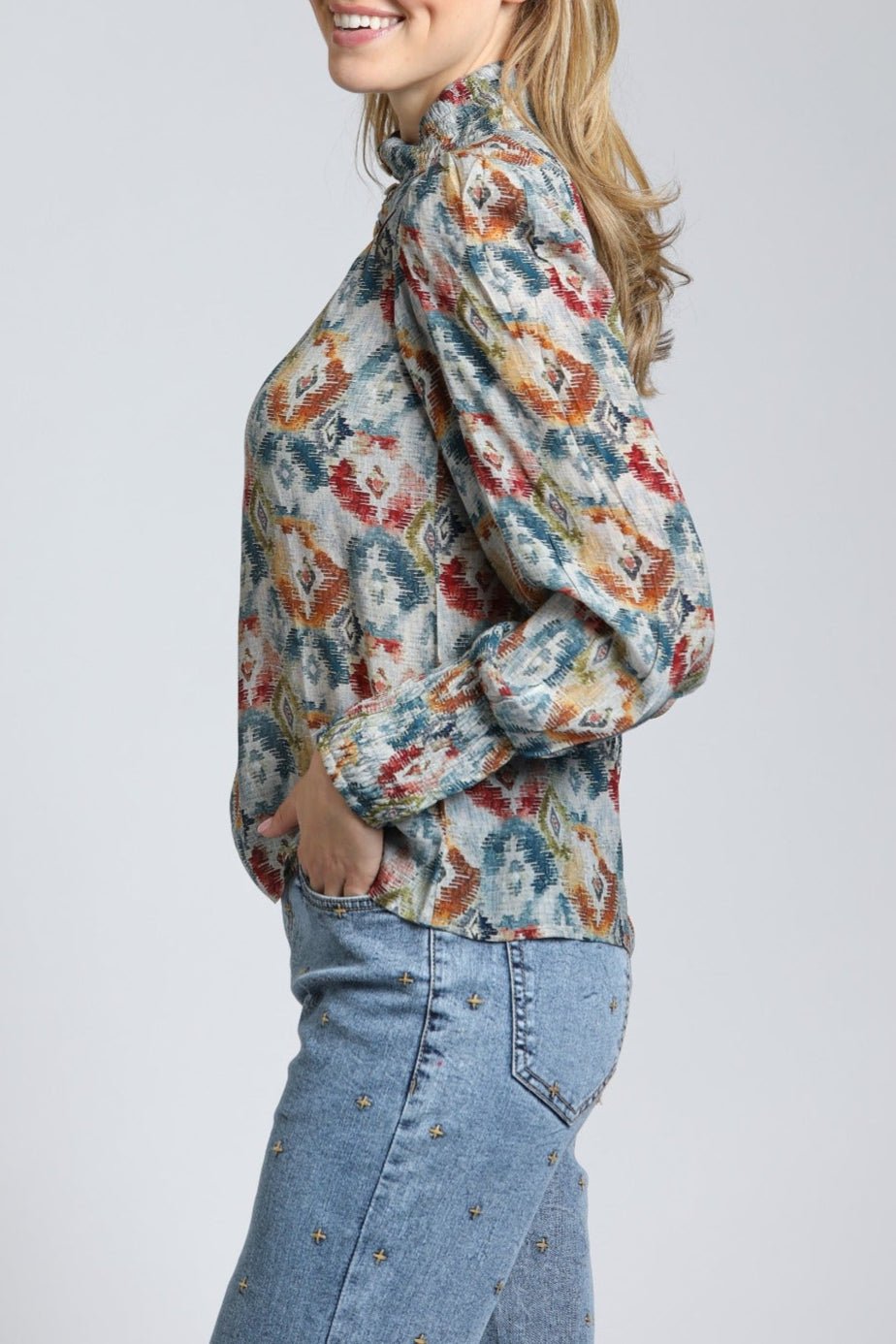 Harvest Ikat Print - Puff Sleeve Blouse | Left side