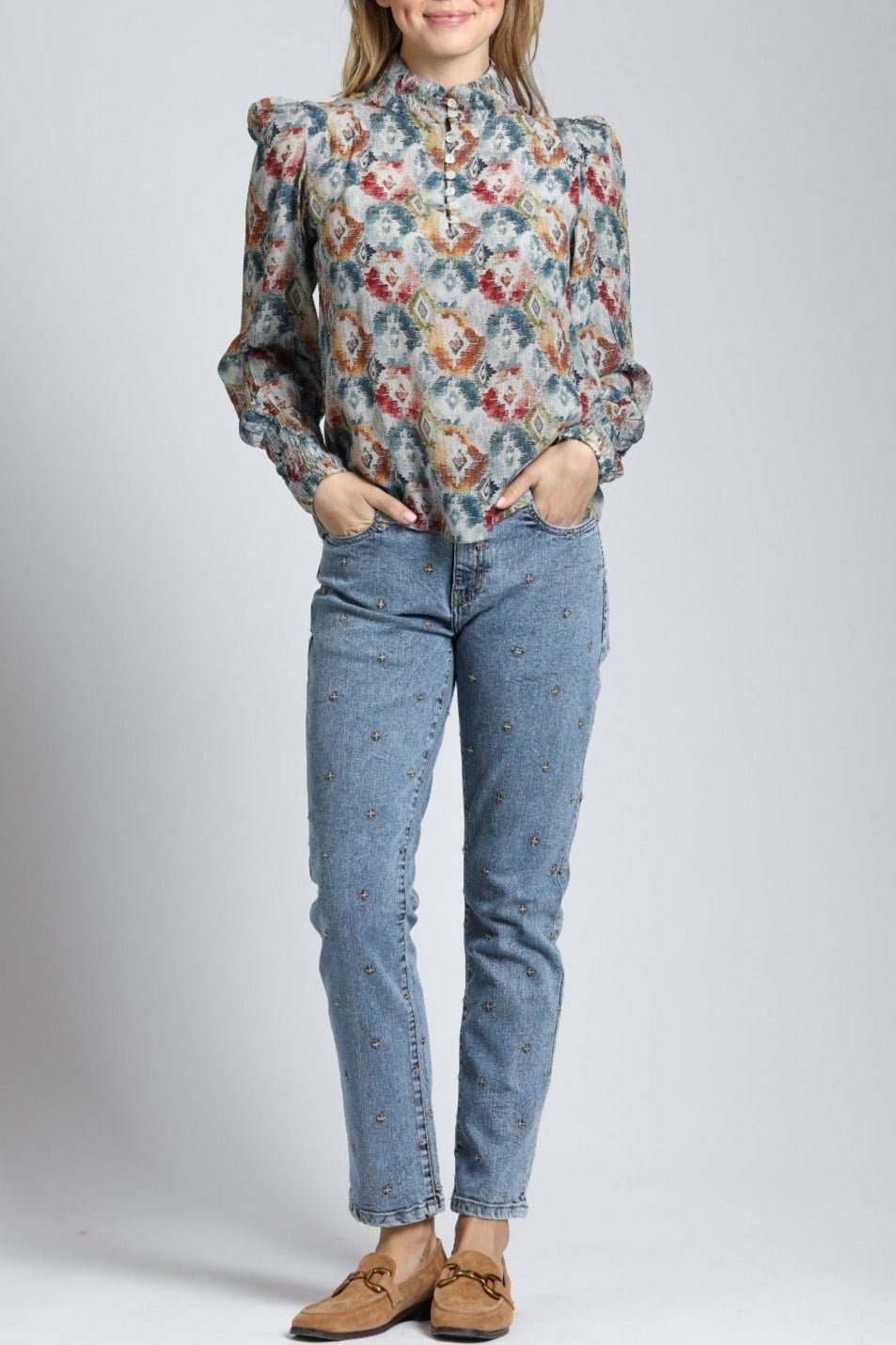 Harvest Ikat Print - Puff Sleeve Blouse | full