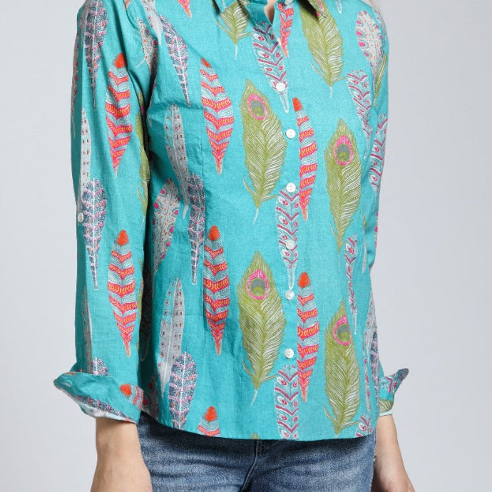 Colorful Feather Print Classic Button-up Shirt | front side
