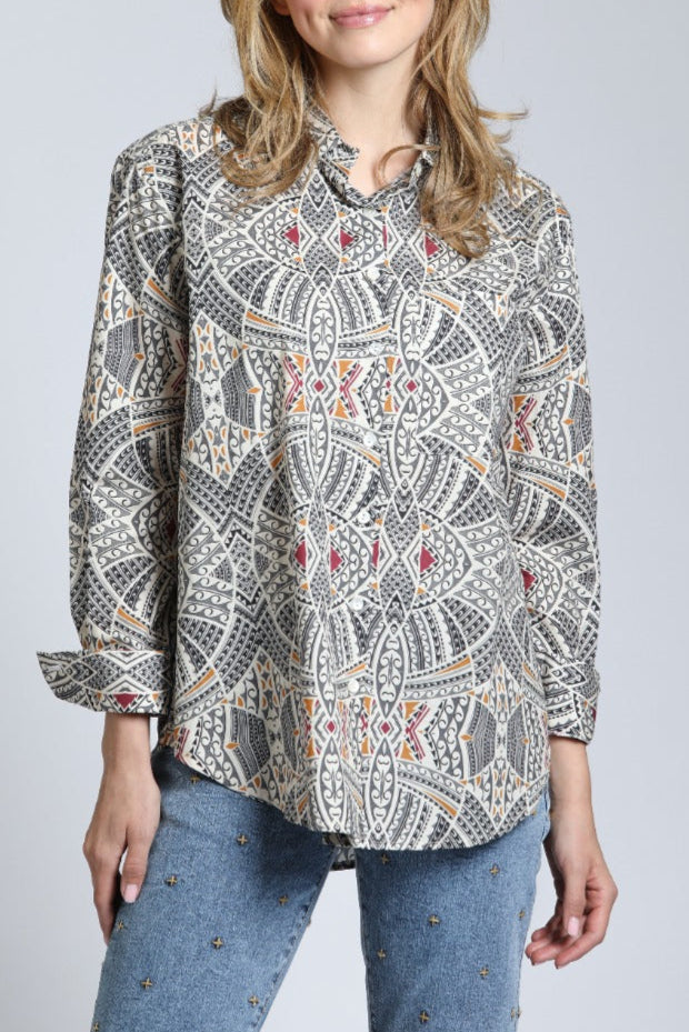 Boyfriend Button up Shirt Wth Tribal Print | front side