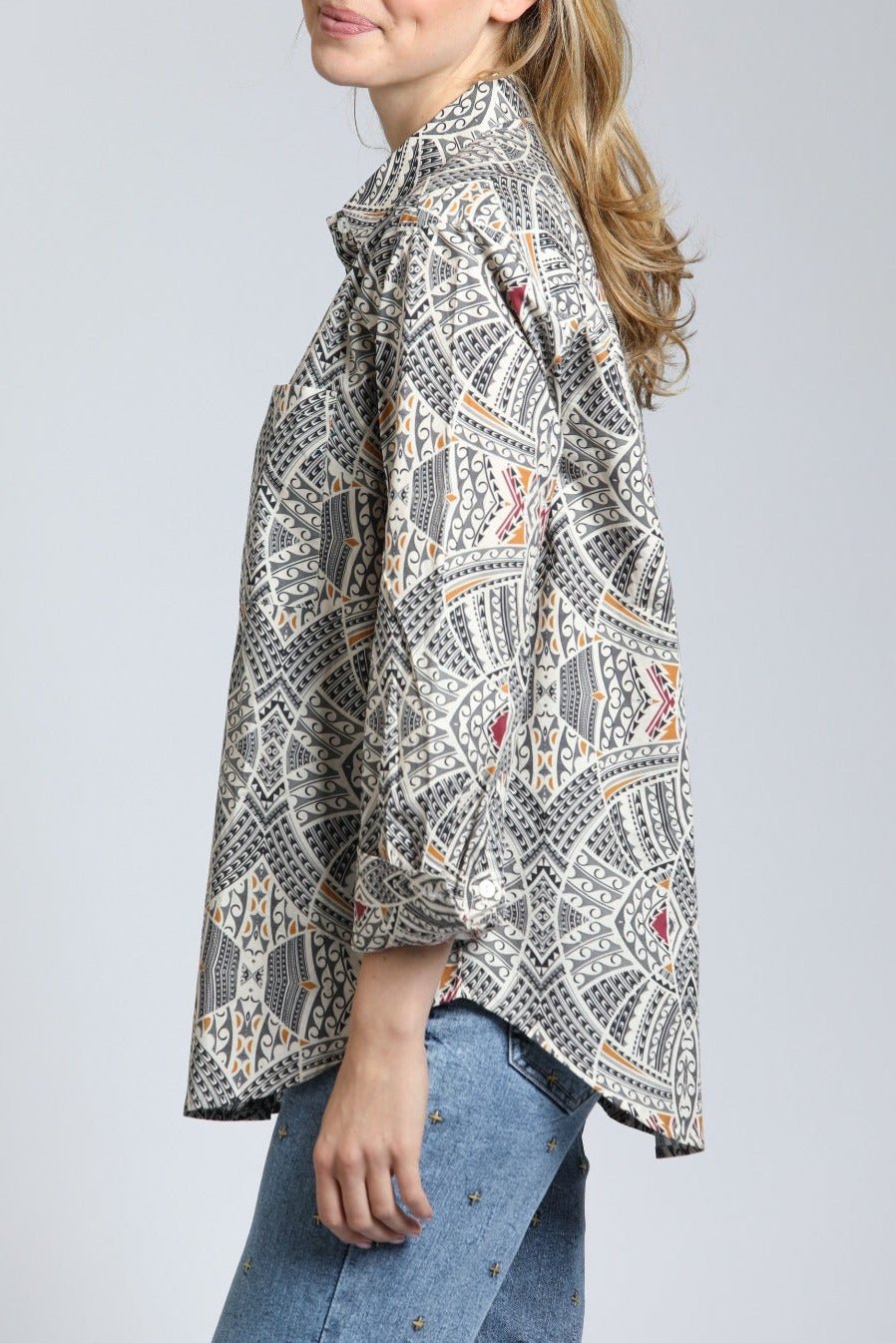 Boyfriend Button up Shirt Wth Tribal Print | left side