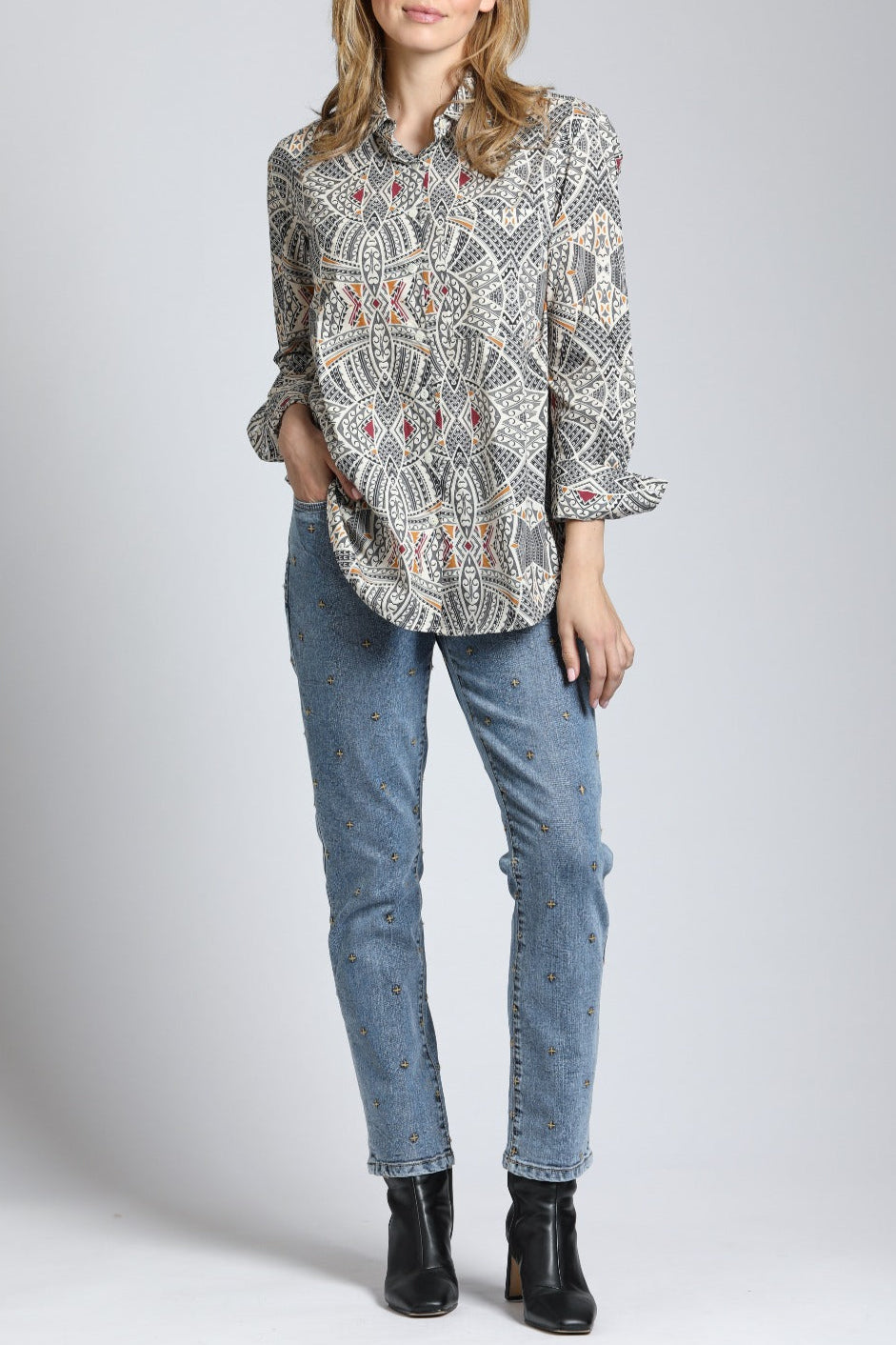 Boyfriend Button up Shirt Wth Tribal Print | full