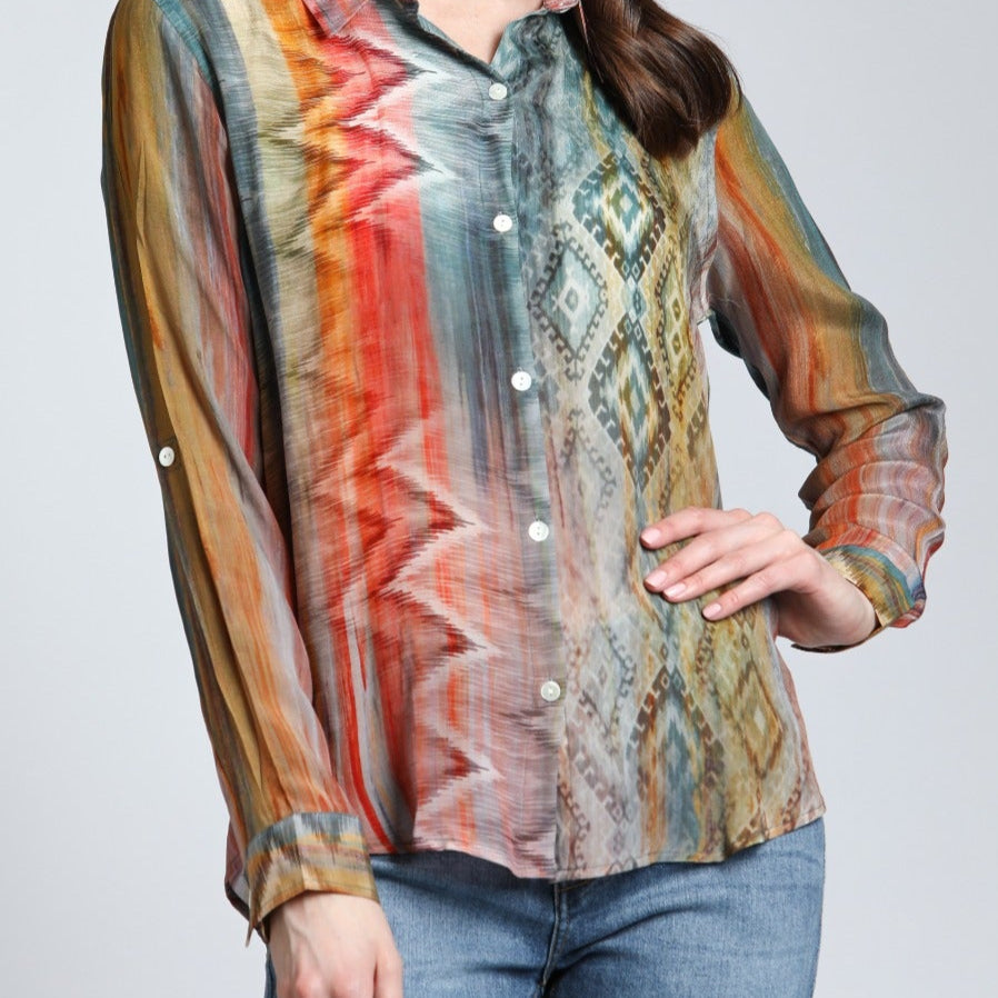 MultiColor Waves & Rhombus Print- Button Up Top | front side