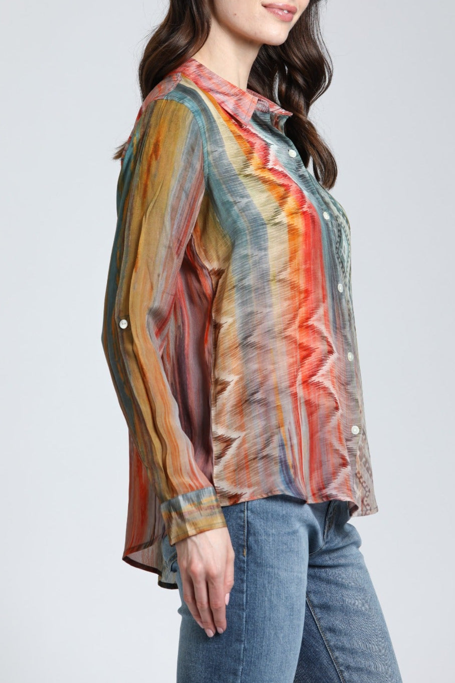 MultiColor Waves & Rhombus Print- Button Up Top | right side