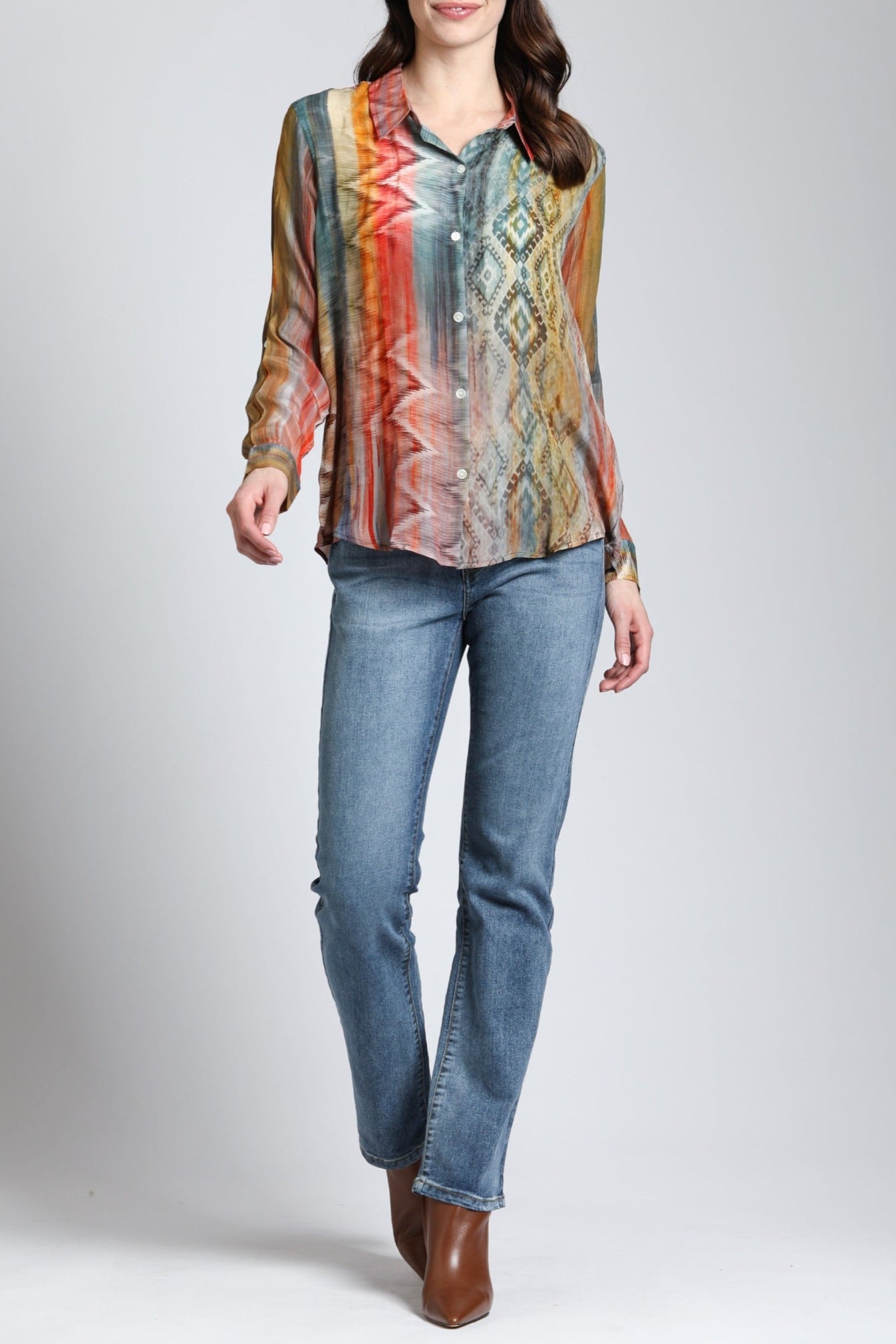 MultiColor Waves & Rhombus Print- Button Up Top