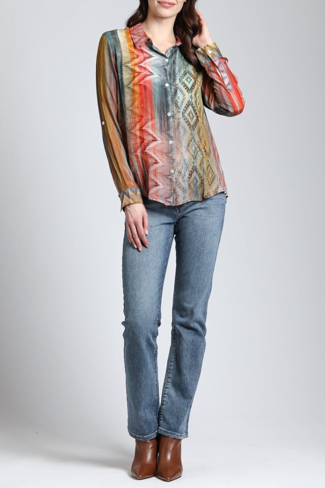 MultiColor Waves & Rhombus Print- Button Up Top