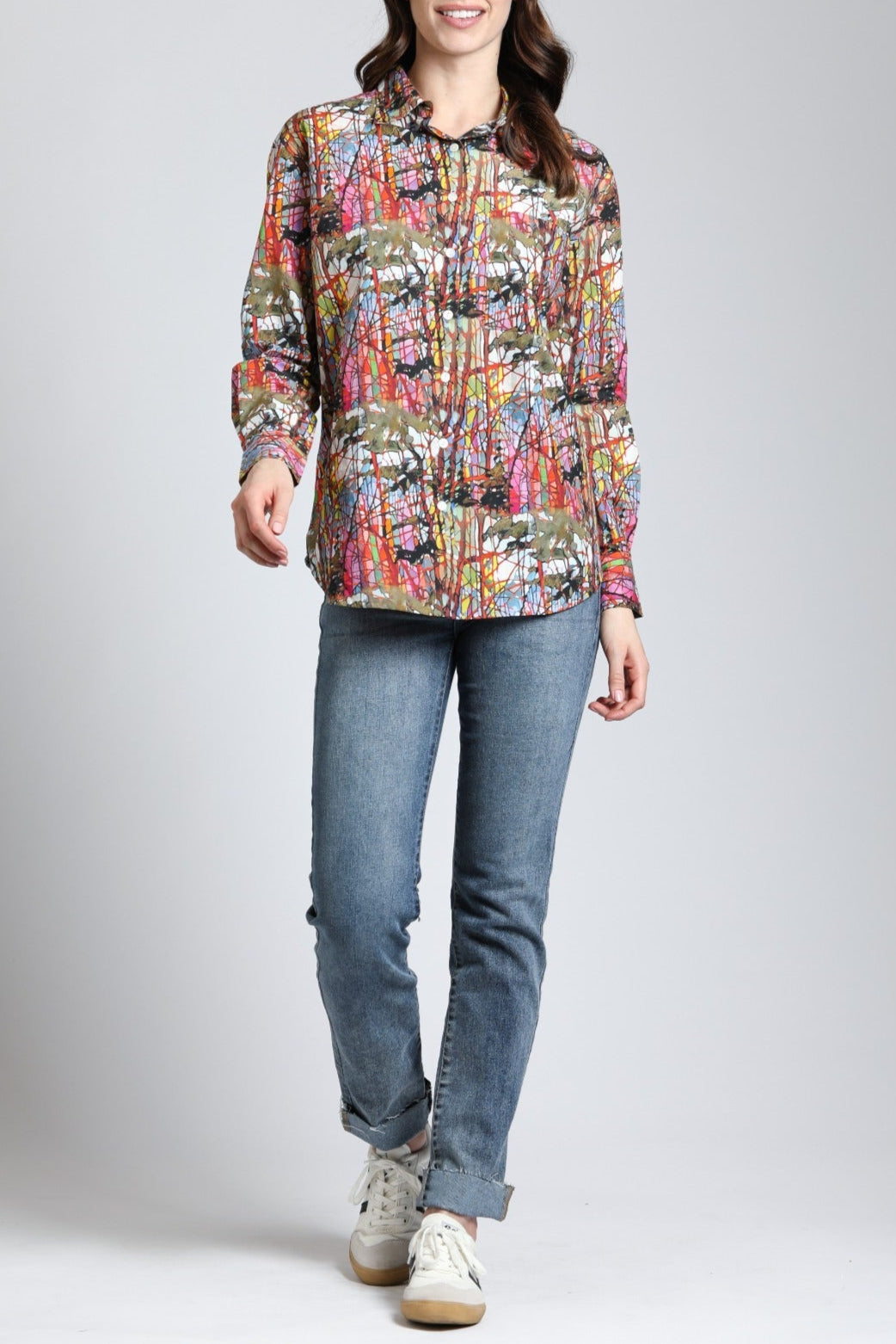 Energetic Color Mix - Boyfriend Button up Shirt | front side