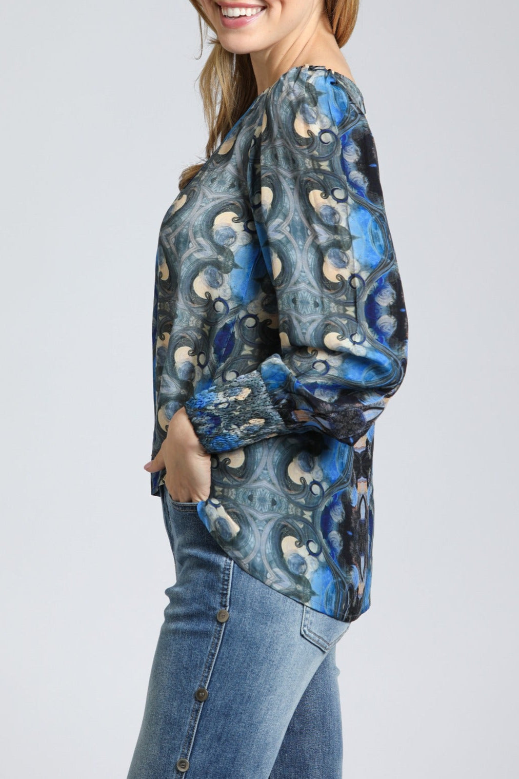 Ethnic Fusion Print - Pullover With Smocked Cuff | Left side