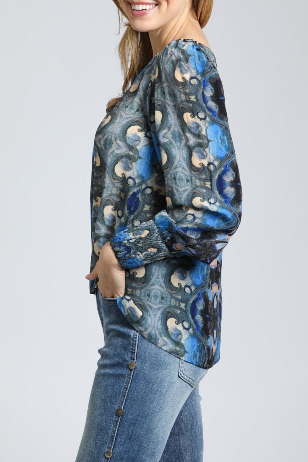 Ethnic Fusion Print - Pullover With Smocked Cuff | Left side