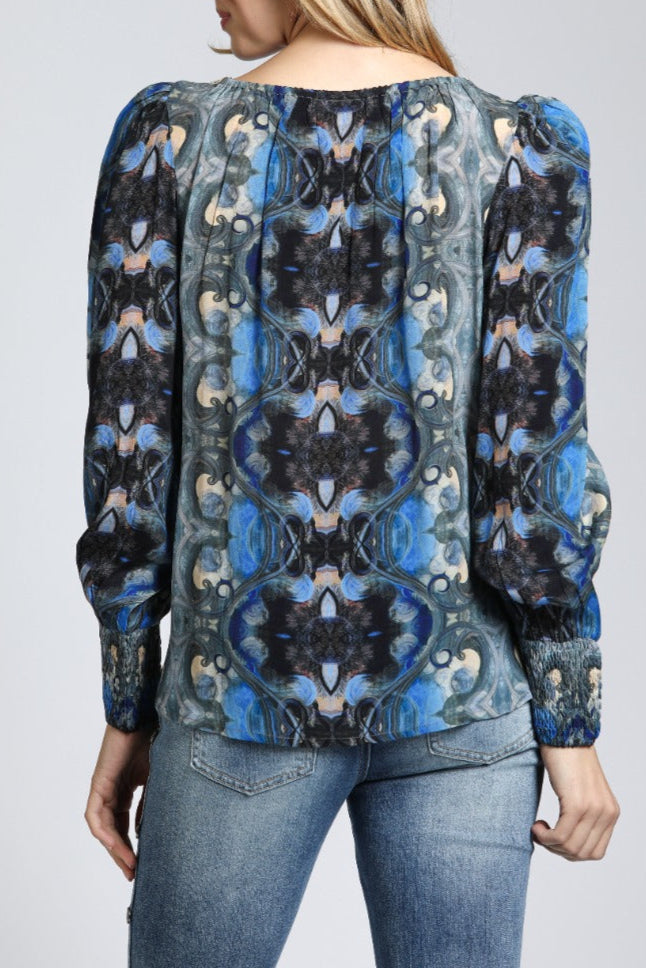 Ethnic Fusion Print - Pullover With Smocked Cuff | back side