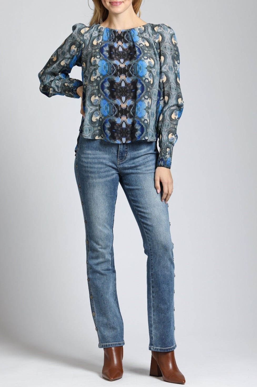 Ethnic Fusion Print - Pullover With Smocked Cuff