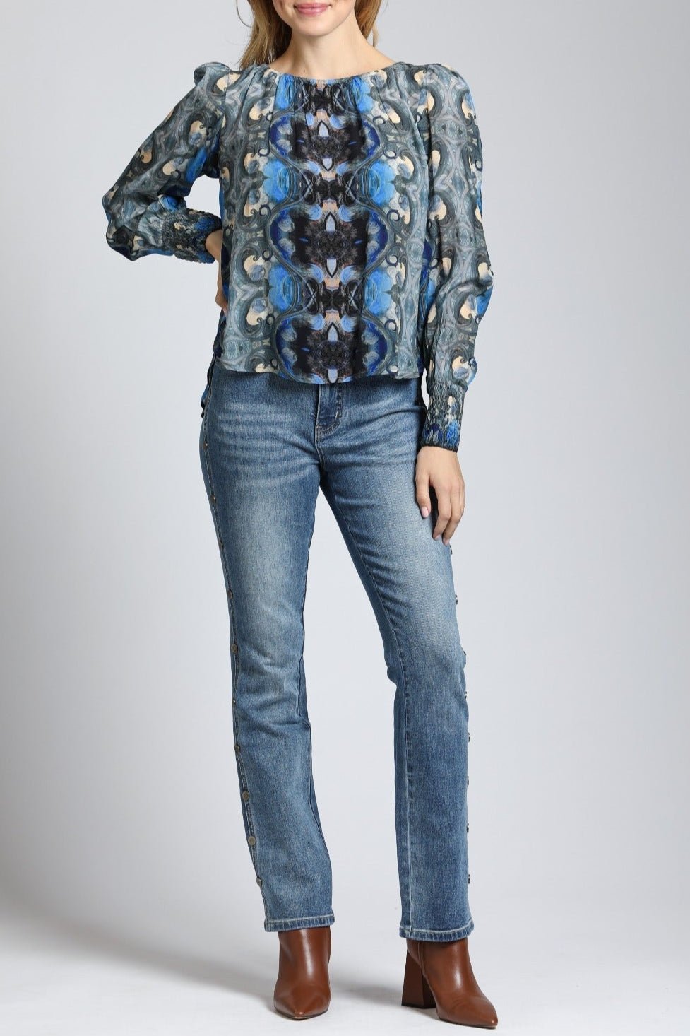 Ethnic Fusion Print - Pullover With Smocked Cuff