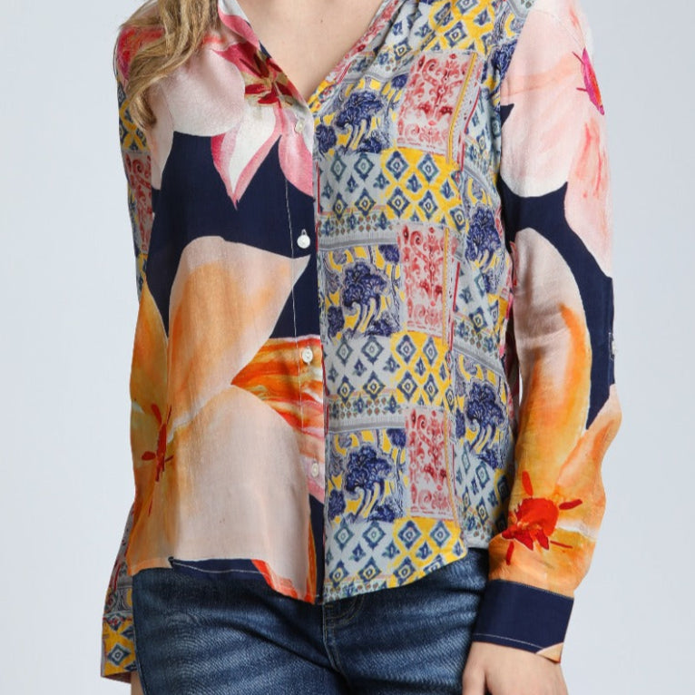 Mixed Media Floral Patchwork - Button Up Top | front side