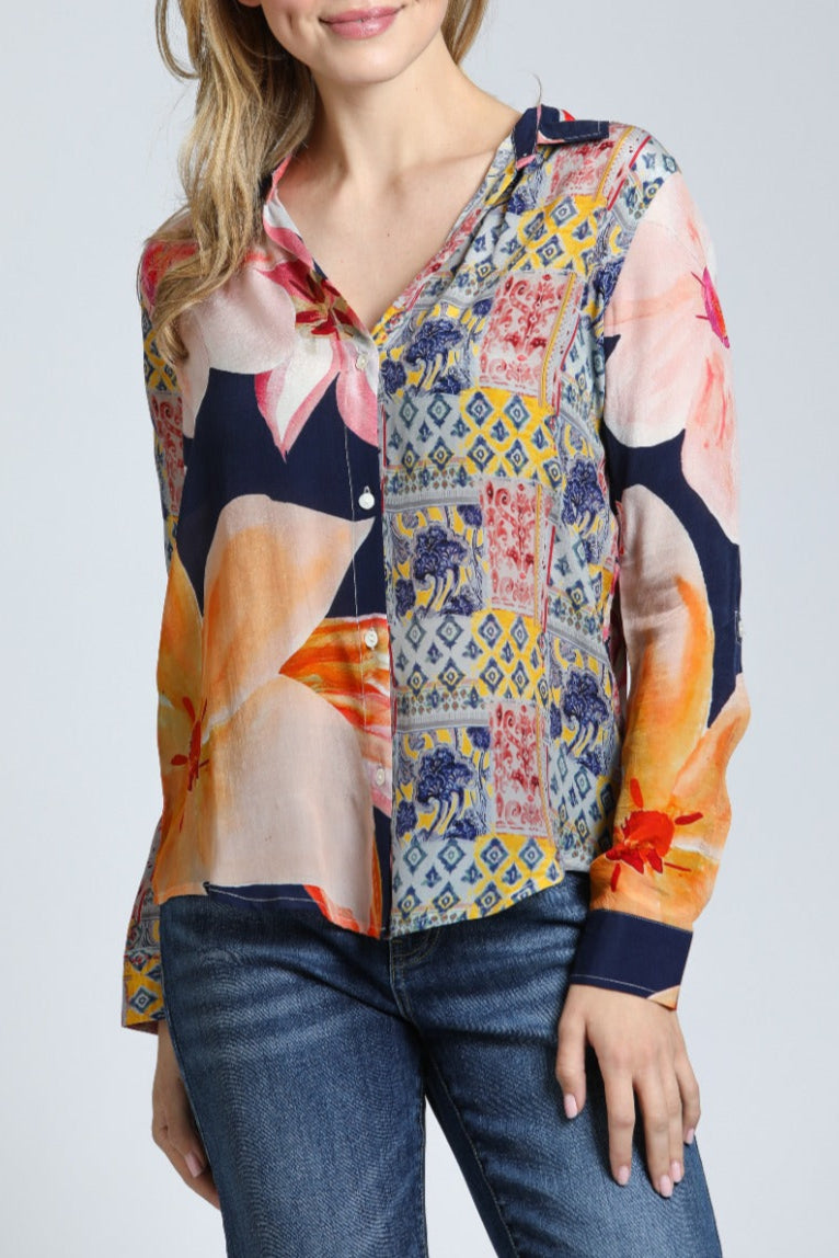 Mixed Media Floral Patchwork - Button Up Top | front side