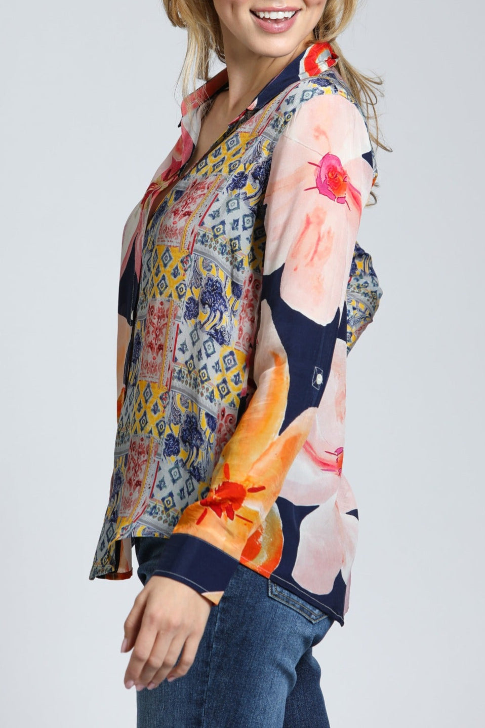 Mixed Media Floral Patchwork - Button Up Top | left side