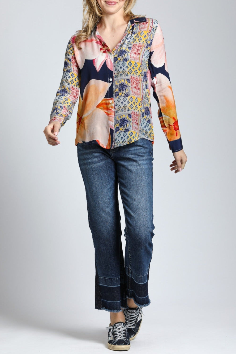 Mixed Media Floral Patchwork - Button Up Top | full side