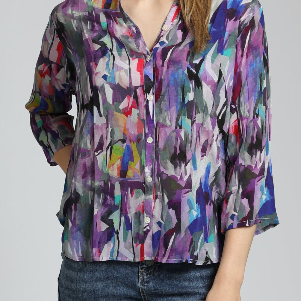 3/4 Sleeve Mandarin Collar Button-up