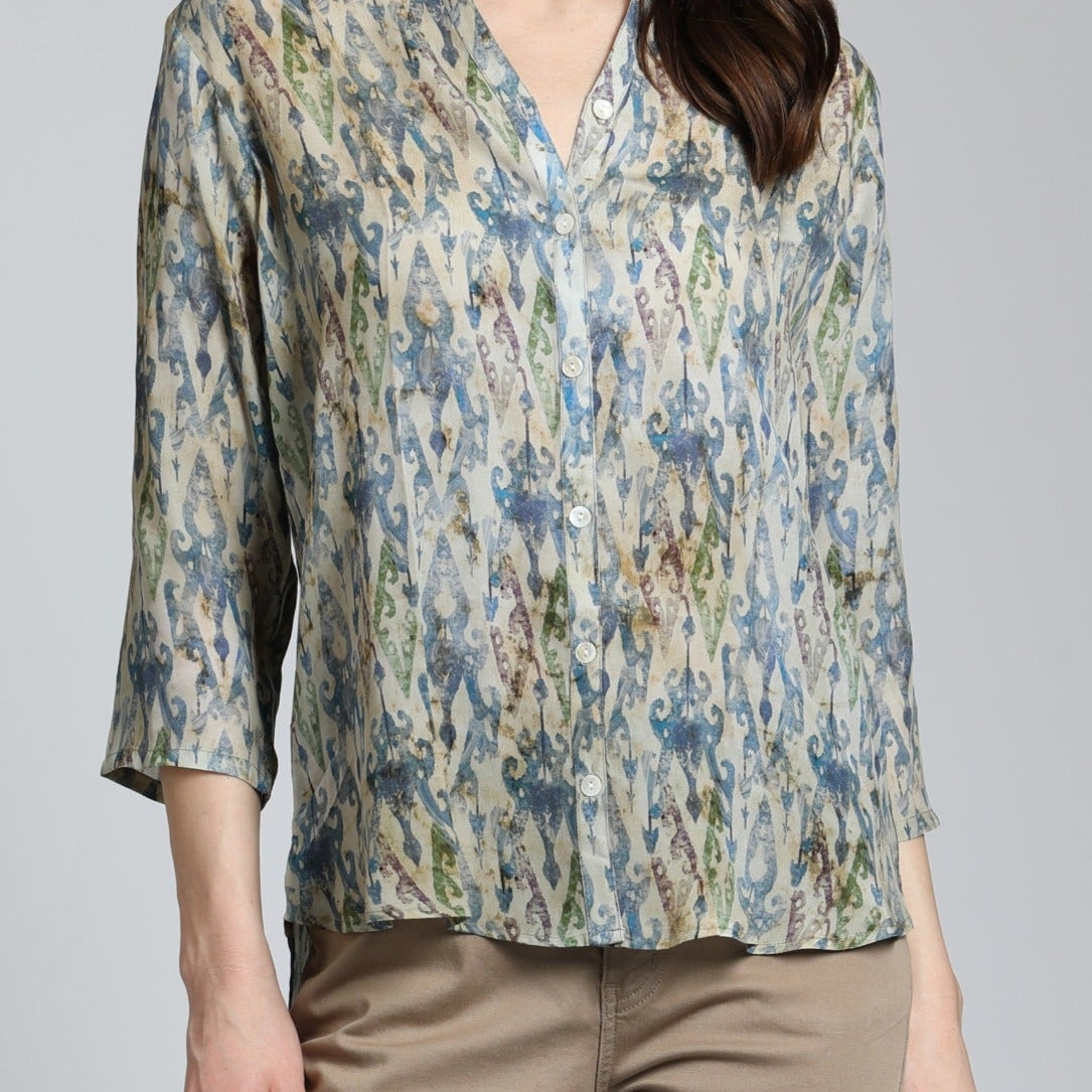 3/4 Sleeve Mandarin Collar Button-up