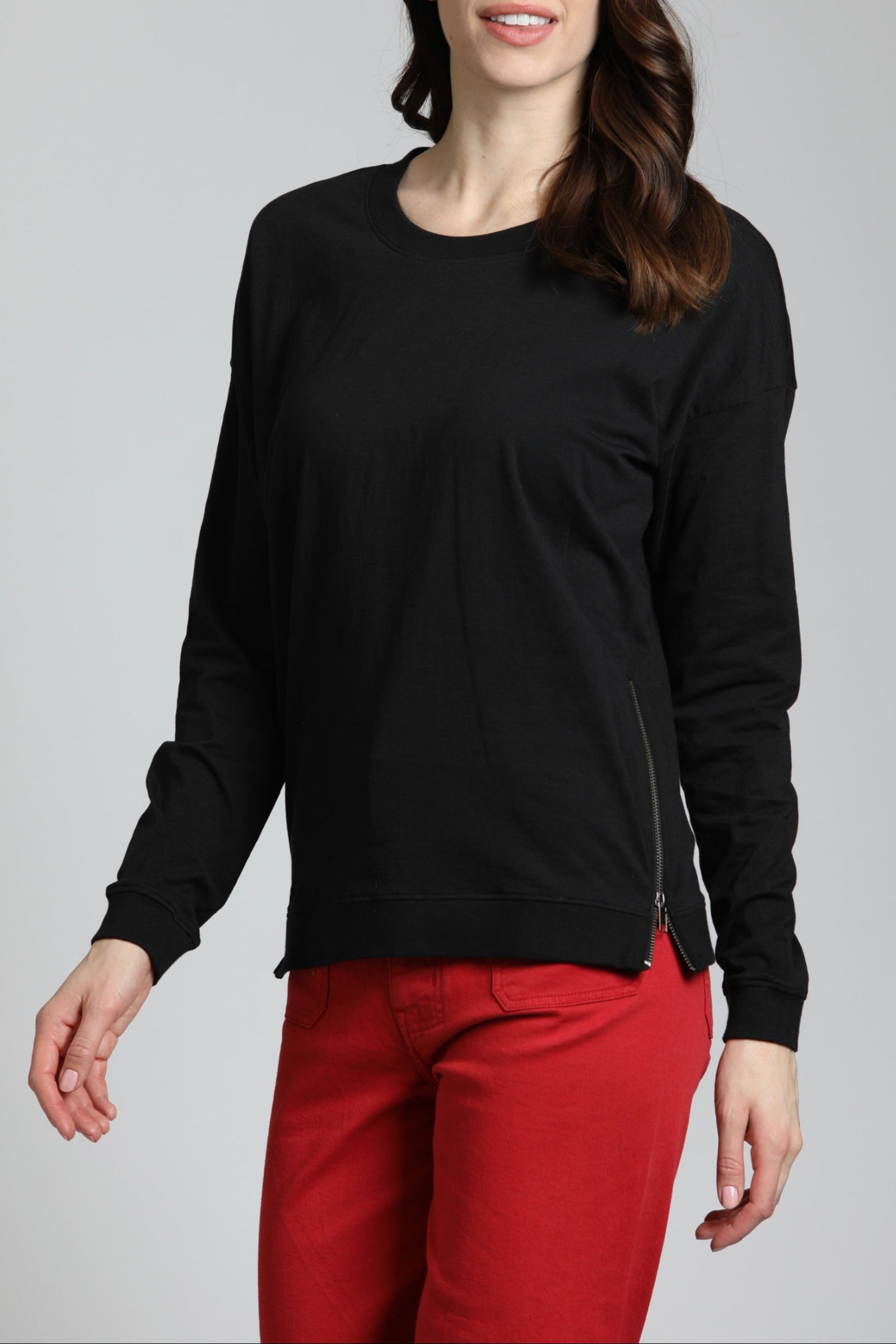 Long Sleeve Drop Shoulder Crew Neck Pullover with Side Zipper BLACK | Front side