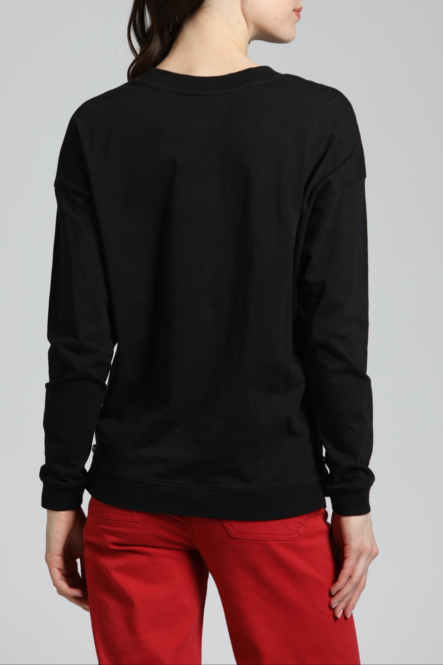 Long Sleeve Drop Shoulder Crew Neck Pullover with Side Zipper BLACK | Back side