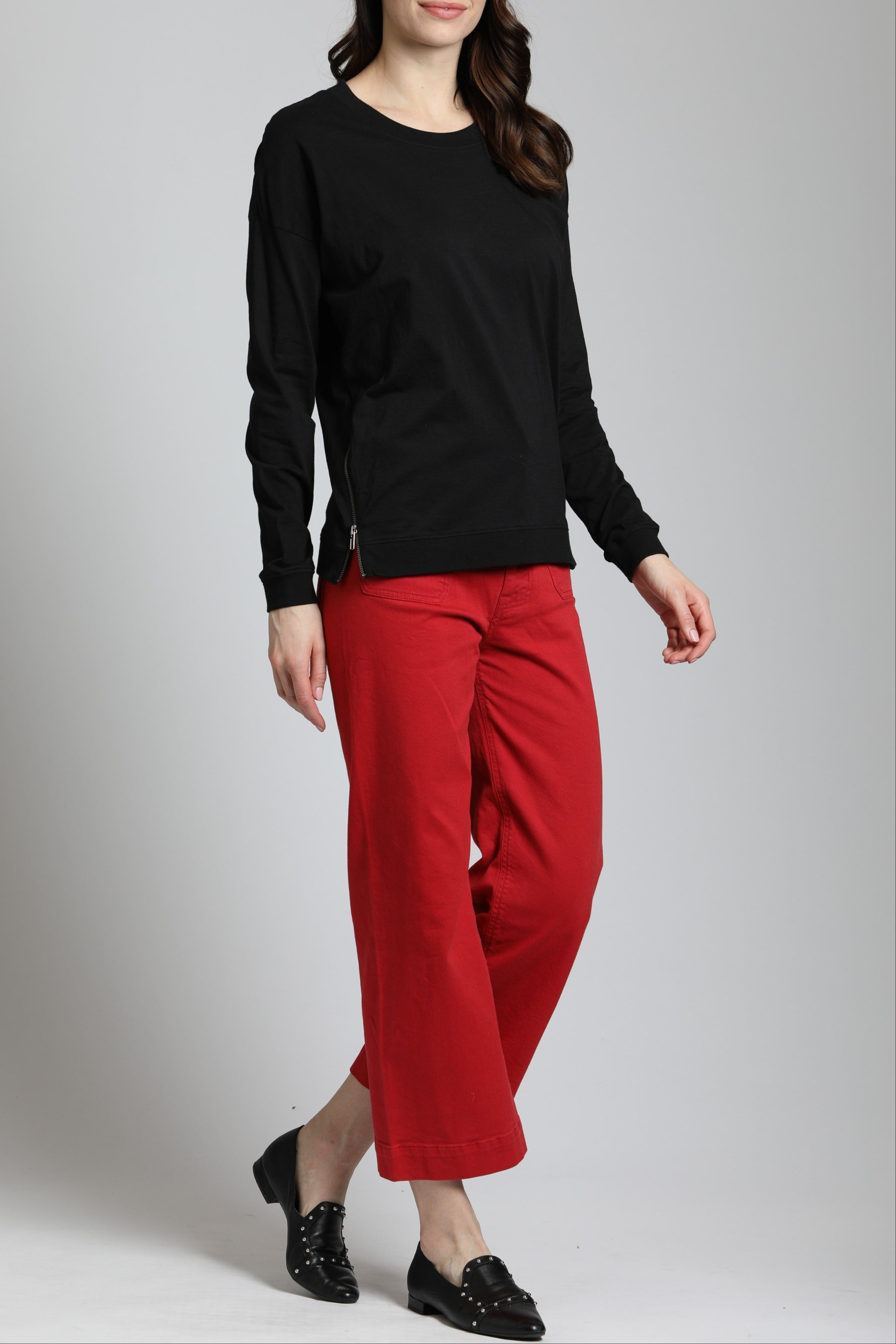 Long Sleeve Drop Shoulder Crew Neck Pullover with Side Zipper BLACK