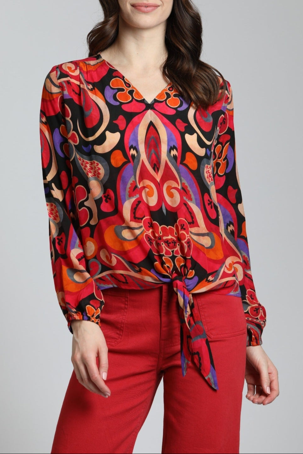 Colorful Ethnic Tribal Print - V Neck Tie Front Top | front side