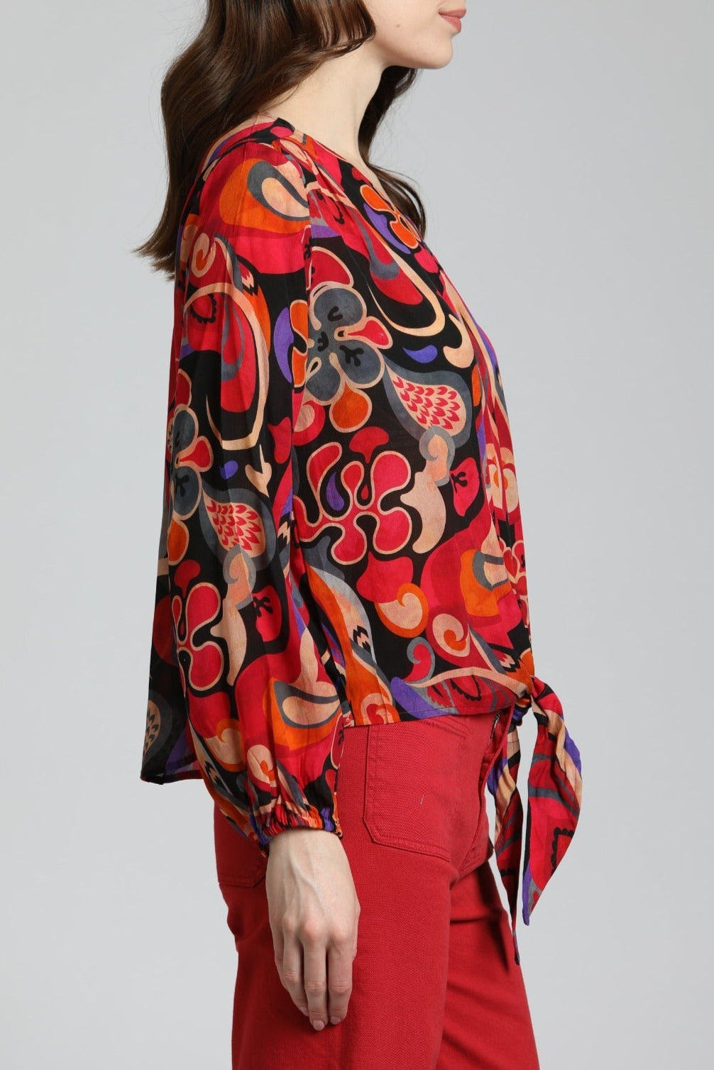 Colorful Ethnic Tribal Print - V Neck Tie Front Top | right side