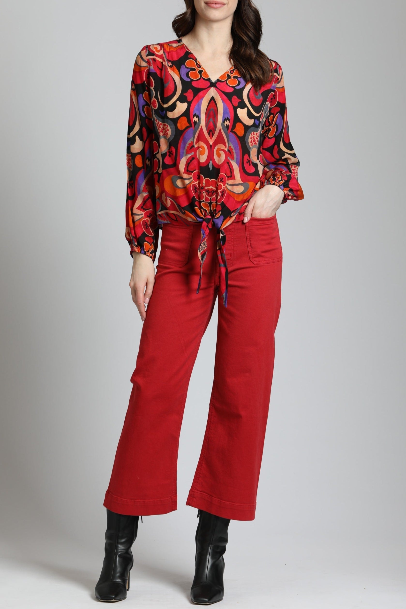 Colorful Ethnic Tribal Print - V Neck Tie Front Top | front side