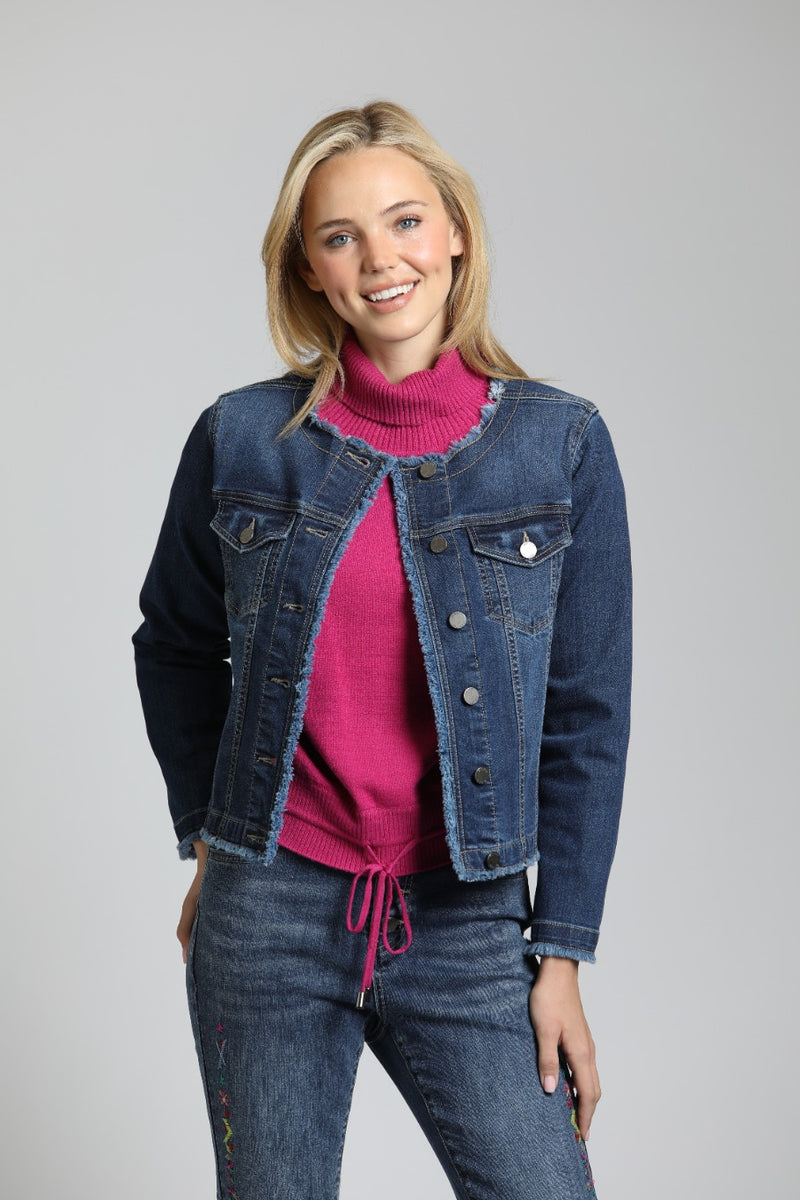 Collarless Jean Jacket with Frayed Detail APNY