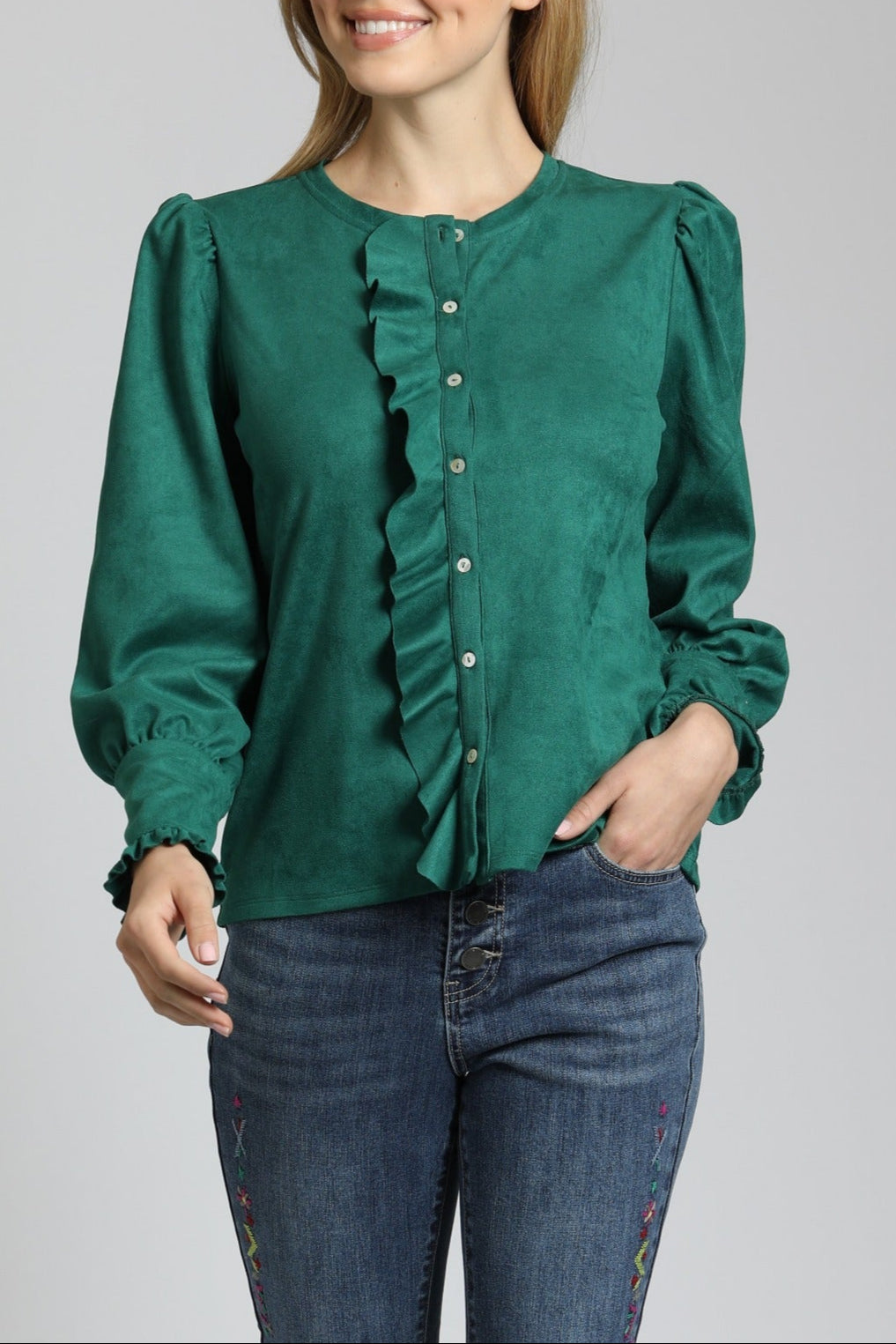 Puff Sleeve Vegan Leather Top With Ruffle Placket | front side