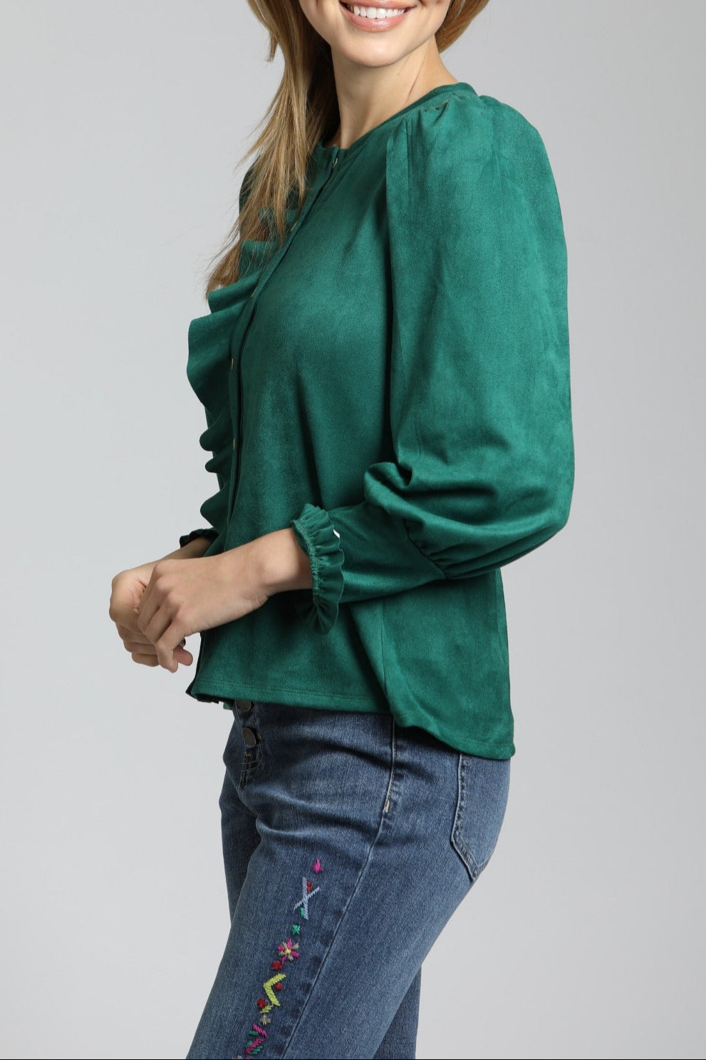 Puff Sleeve Vegan Leather Top With Ruffle Placket | left side