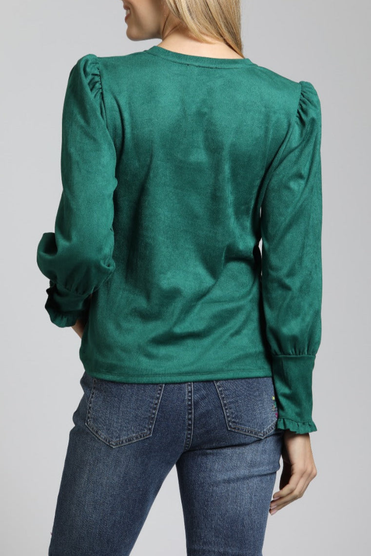 Puff Sleeve Vegan Leather Top With Ruffle Placket | back side