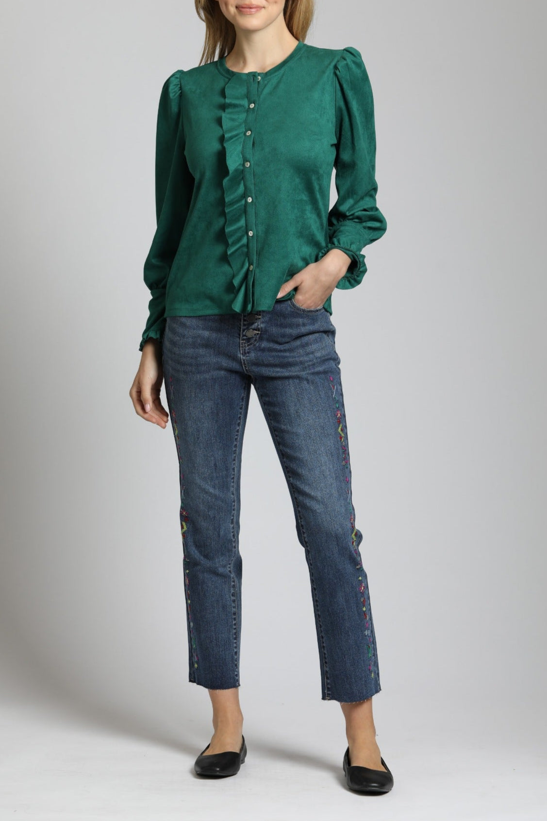 Puff Sleeve Vegan Leather Top With Ruffle Placket