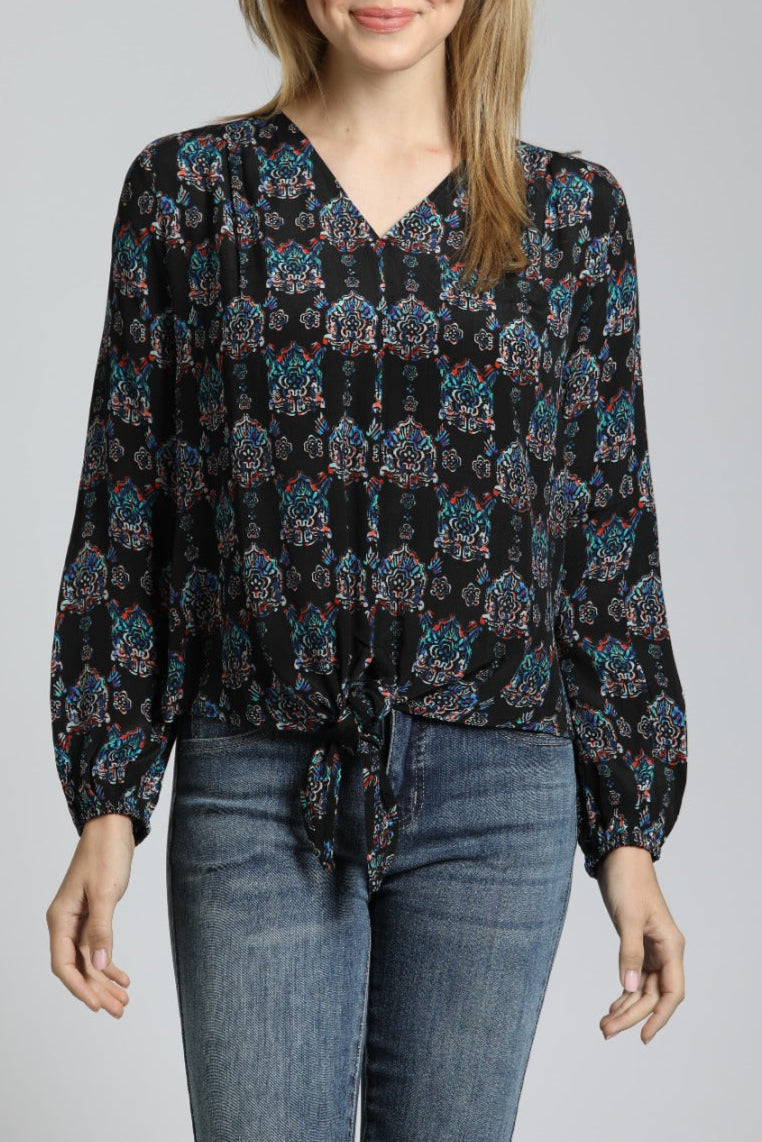 V Neck Front Tie Top with Ornamental Medallion Print | front side